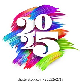 Stylish vertical 2025 typography overlaid on colorful and dynamic brush strokes. Vector illustration.