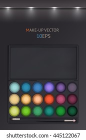Stylish vertical black background with decorative cosmetics. Eyeshadow, makeup, beauty, glamor, fashion.