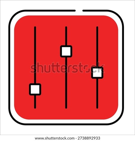 Stylish vertical fader icon in red dualtone style. Vector illustration for volume mixers, audio levels, and control panels in multimedia apps.