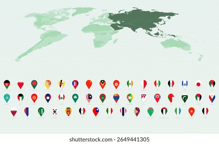 Stylish Vertical Pin Icons Showcasing Asian Country Flags. Vector flag collection.