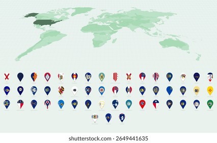 Stylish Vertical Pin Icons Showcasing US State Flags. Vector flag collection.