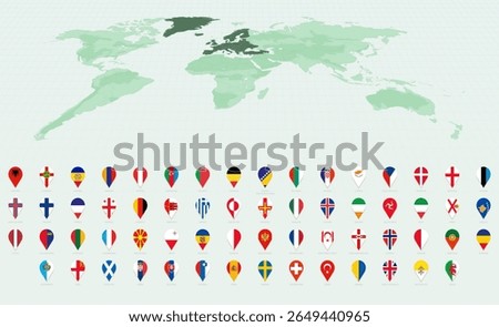 Stylish Vertical Pin Icons Showcasing European Country Flags. Vector flag collection.
