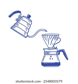 A stylish and vibrant illustration depicts a kettle gracefully pouring steaming water into a coffee dripper