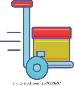 Stylish and vibrant illustration of a hand truck moving a package, symbolizing swift and efficient delivery. Perfect for showcasing logistics prowess and enhancing e-commerce visuals