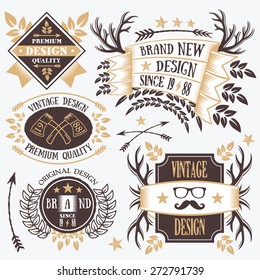 Stylish vintage badges, labels and ribbons set. Premium design elements, logo design templates, retro badges signs. Vintage style. High quality vector illustration. Isolated on grey background. Set 7