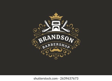 Stylish vintage barbershop logo featuring a crown, scissors, razor, and mustache in a retro design. Ideal for grooming services, hairdressing, and fashion-oriented businesses. Vector illustration