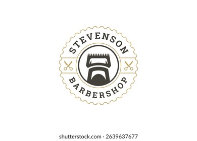 Stylish vintage barbershop logo featuring scissors, razor, and grooming elements within a circular emblem. Perfect for branding and marketing. Vector illustration