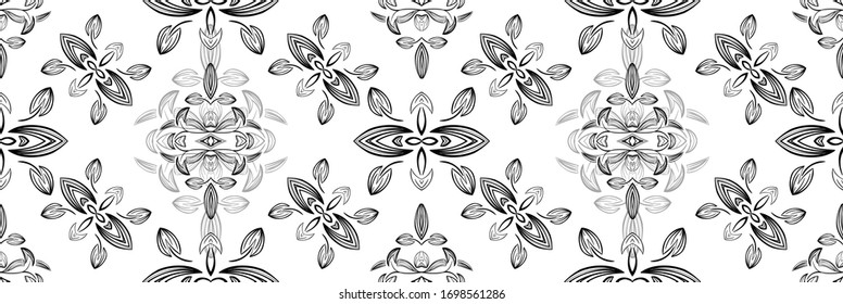 Stylish vintage black on white ornament seamless pattern. Allover vector design for fabric, apparel textile, interior, wallpaper