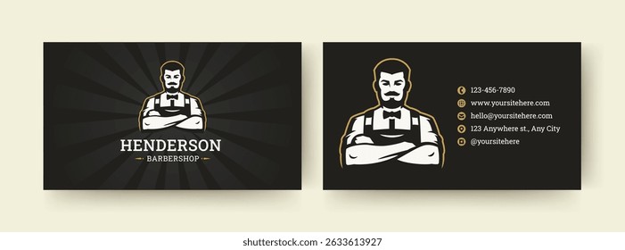 Stylish and vintage business card template featuring a bold barber logo and clear contact information for a professional barbershop. Vector illustration is designed for professional branding
