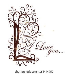 Stylish vintage calligraphic logo L with floral heart and I love you. Vector lace background