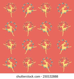 Stylish Vintage card with ballet dancers. Ballet dancer with garlands of tulips. Bright pattern for congratulations or design