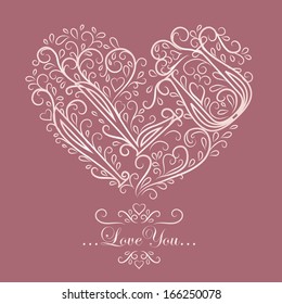Stylish vintage Card with floral heart I love you. Vector lace background