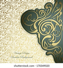 Stylish Vintage card, silk abstract floral seamless golden background, Vintage frame 