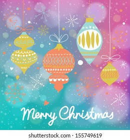 Stylish vintage Christmas and New Year background in vector. Retro holiday toys on bright wallpaper with bokeh effect