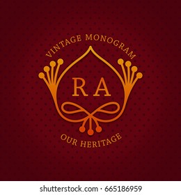 Stylish vintage emblem with letters "RA". Monogram template. Ornate royal design. Vector illustration