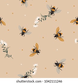 stylish vintage Embroidery honey bee, and funny bee with flowers. Fashion patch with insects illustration. Seamless pattern on beige vector background.