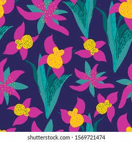 Diseño vintage floral sin costuras. Flores y hojas orquídeas en un fondo oscuro