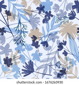 Stylish Vintage Floral Seamless Pattern. Monotone Blue, Grey And Beige Of Silhouette Tropical Foliage. Fashion Floral Summer Print For Print, Apparel, Clothes Design. Vector