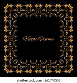 Stylish vintage frame with place for text. Golden. Black. Creative frame. Vector illustration