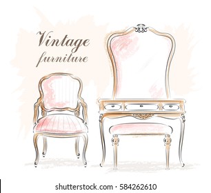 Stylish vintage furniture: dressing table with mirror and chairs. Sketch. Vector illustration.