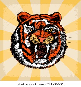 stylish, vintage, grunge background with tiger
