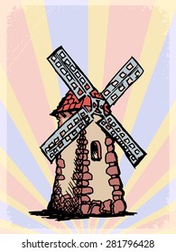 stylish, vintage, grunge background with windmill