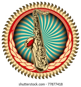 Etiqueta vintage elegante con saxofón. Ilustración vectorial.