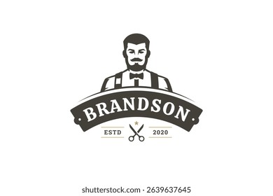Stylish vintage logo featuring a gentlemans portrait, crossed scissors, and a barbershop name. Perfect for branding a grooming service. Vector illustration