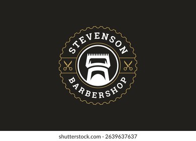 Stylish vintage logo featuring scissors, razor, designed for grooming services. Retro emblem with elegant badge style, perfect for barbershop branding. Vector illustration