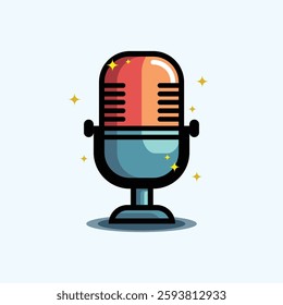 A stylish vintage microphone illustration with a modern, colorful design and sparkling effects, symbolizing podcasting, broadcasting, and voice recording.