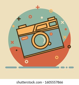 Stylish vintage photo camera with a bold brown stroke. Light background. Muffled colors. The camera hovers in the air. Old film camera design for hipsters.