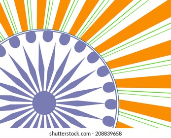 Stylish vintage poster, banner or flyer design with Asoka Wheel national tricolors rays background.