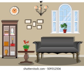 Stylish vintage room with comfortable and functional furniture. Sofa, table, bookcase, chandelier, clock, and window. Interior Design Ideas. Flat style vector illustration.