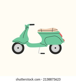 Stylish vintage scooter. Transport in the city, Italian style. Can be used in postcard or print design, as social media publication, background etc. Colorful vector illustration.