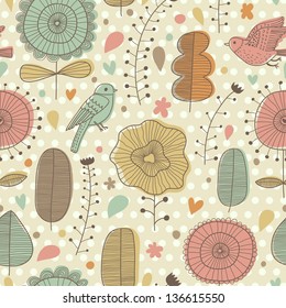 Stylish vintage seamless pattern with birds and leafs. Summer concept illustration.  Seamless pattern can be used for wallpapers, pattern fills, web page backgrounds, surface textures.