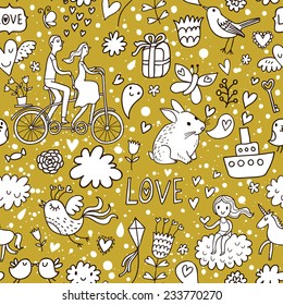 Stylish vintage seamless pattern. Cute cartoon illustration in vector. Rabbits, couple of lovers, presents, birds and others