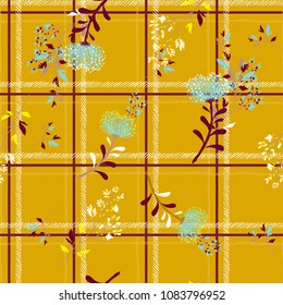 Stylish vintage  seamless pattern spring branch delicate and beautiful wild blooming flowers vector pattern with dark check or grid check for fashion ,wallpaper ,book ETC on yellow.