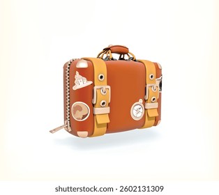 Stylish Vintage Suitcase with Travel Stickers 3d icon. brown Suitcase isolated vector 3d illustration