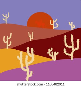 Stylish violet, purple and red colors. Wild cactus on deserts. Sands with cactus. Vector illustration.