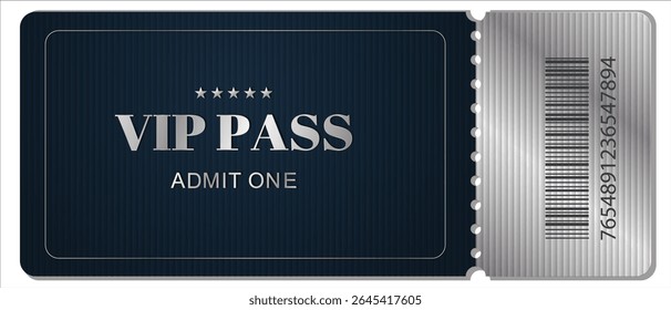 Passe VIP elegante, ticker com design prata e azul escuro com PASS VIP e Admit One texto. Bilhete elegante com código de barras e estrelas, perfeito para eventos, festas exclusivas e convites especiais.