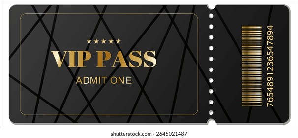 Stylish VIP ticket with gold text and barcode on a black background with a geometric pattern. Elegant design for exclusive events, concerts, or parties.Vector