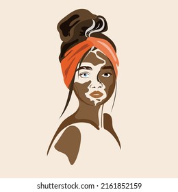 Stylish vitiligo woman portrait vector illustration in modern style.Beauty skin.World vitiligo day June 25.Beautiful face of an African American woman.Diversity tolerance concept.