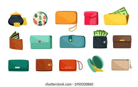 Stylish wallets set. Fashion accessories with green bills of various shapes leather in brown strict style childrens with bright pineapple drawing black in round retro style. Cartoon vector style.