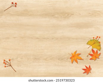 Elegante fondo de Fondo de pantalla con hojas de otoño y bayas en un tablero de madera en tonos cálidos.