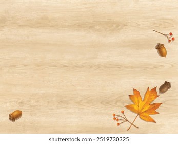 Elegante fondo de Fondo de pantalla con hojas de otoño y bayas en un tablero de madera en tonos cálidos.