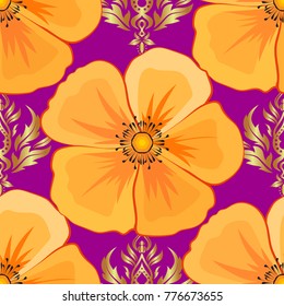 Stylish wallpaper with cosmos flowers. Abstract vector background. Floral seamless pattern with blooming cosmos flowers and leaves in purple, yellow and orange colors.