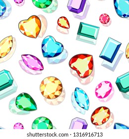 Stylish wallpaper with diamonds of various cuts on a white  background. A set of exclusive jewelry.