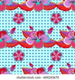 Stylish wallpaper with flowers. Abstract vector background. Floral seamless pattern with blooming flowers and leaves in red and blue colors.