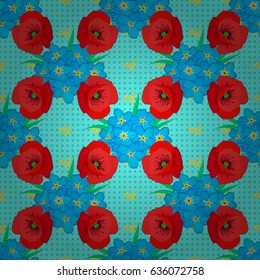 Stylish wallpaper with forget-me-not flowers. Abstract vector background. Floral seamless pattern with blooming forget-me-not flowers and leaves on a blue background.