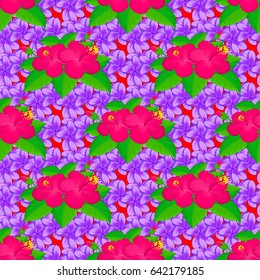 Stylish wallpaper with hibiscus flowers. Abstract vector background. Floral seamless pattern with blooming hibiscus flowers and leaves on a red background.